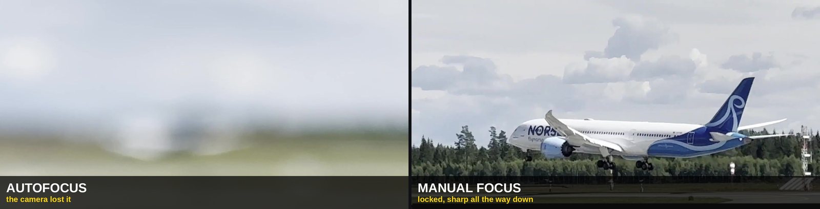 Two frames from the same recording: the aircraft blurred beyond recognition once autofocus lost it, and sharp with focus set manually